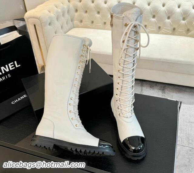 Luxury Chanel Calfskin & Tweed Laced-up High Boots White 120103