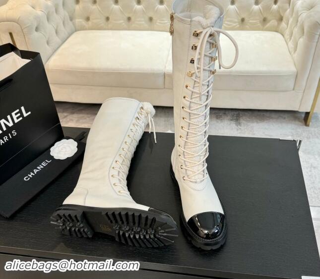 Luxury Chanel Calfskin & Tweed Laced-up High Boots White 120103