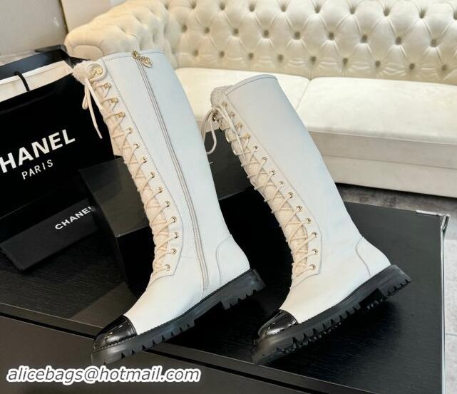 Luxury Chanel Calfskin & Tweed Laced-up High Boots White 120103