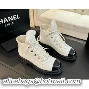 Best Grade Chanel Calfskin & Tweed Laced-up Ankle Boots White 120104