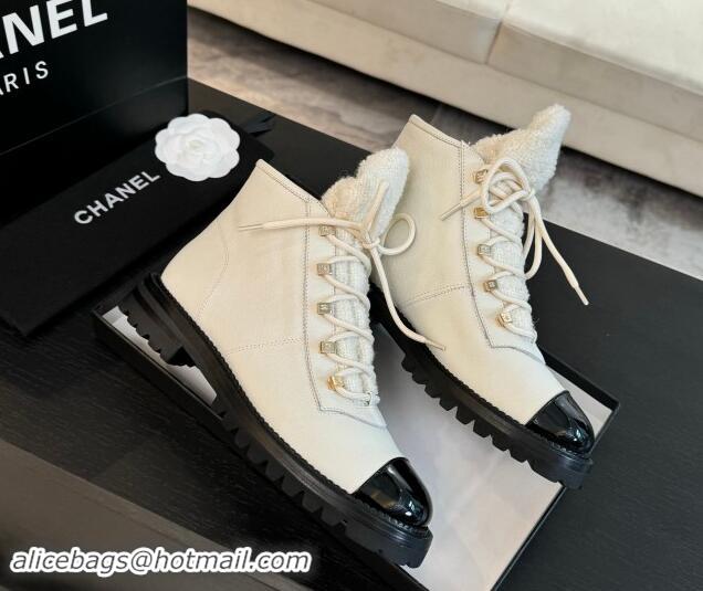 Best Grade Chanel Calfskin & Tweed Laced-up Ankle Boots White 120104