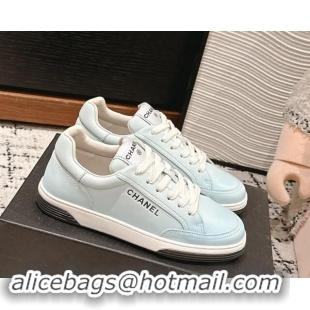 Durable Chanel Printed Leather Sneakers Light Blue 120116