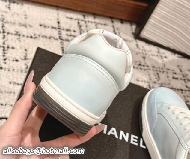 Durable Chanel Printed Leather Sneakers Light Blue 120116