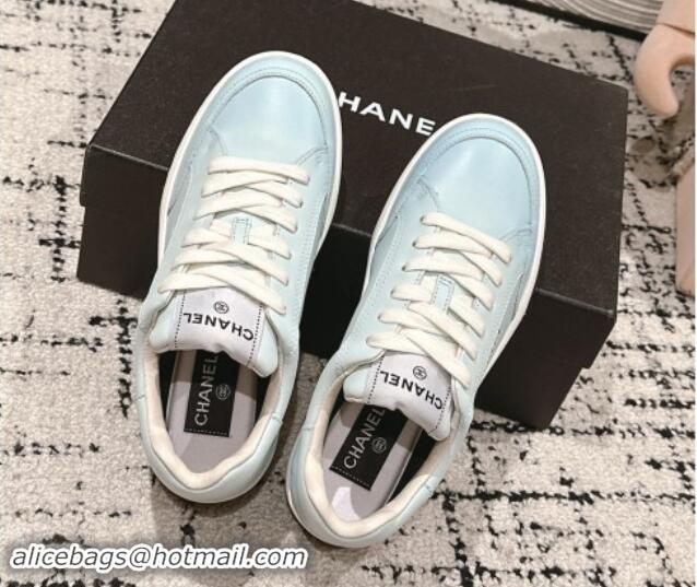 Durable Chanel Printed Leather Sneakers Light Blue 120116