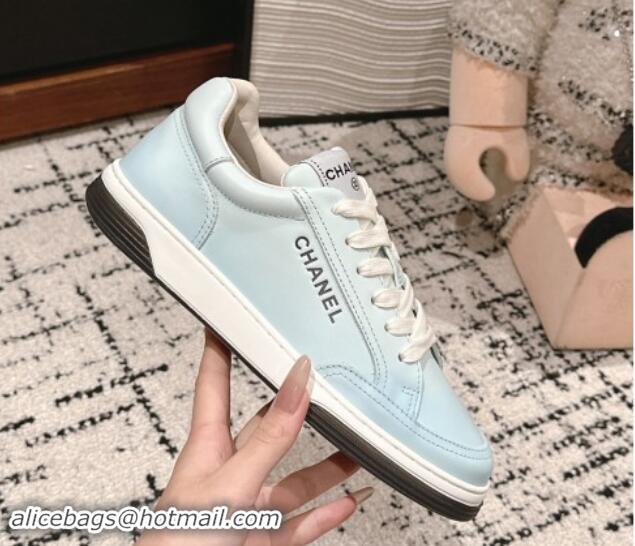 Durable Chanel Printed Leather Sneakers Light Blue 120116