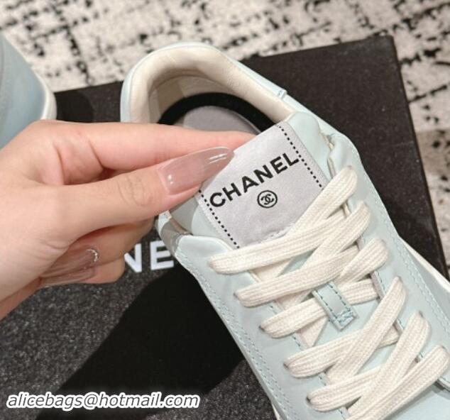 Durable Chanel Printed Leather Sneakers Light Blue 120116