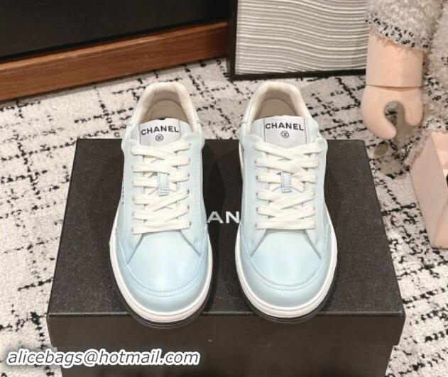 Durable Chanel Printed Leather Sneakers Light Blue 120116