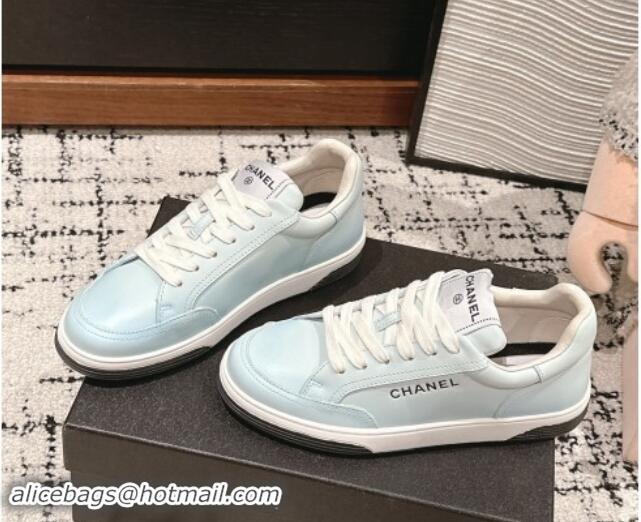 Durable Chanel Printed Leather Sneakers Light Blue 120116