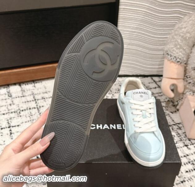 Durable Chanel Printed Leather Sneakers Light Blue 120116