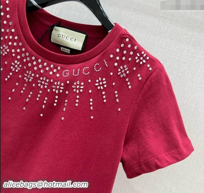 ​Top Grade Gucci Cotton T-Shirt with Strass 1203 Red 2024