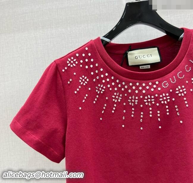 ​Top Grade Gucci Cotton T-Shirt with Strass 1203 Red 2024