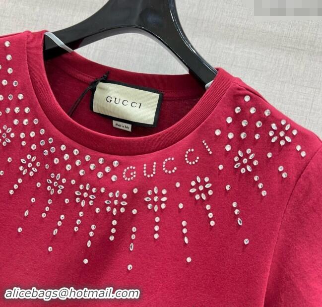 ​Top Grade Gucci Cotton T-Shirt with Strass 1203 Red 2024