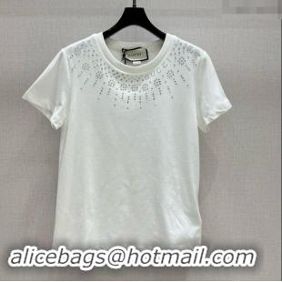 Grade Quality Gucci Cotton T-Shirt with Strass 1203 White 2024