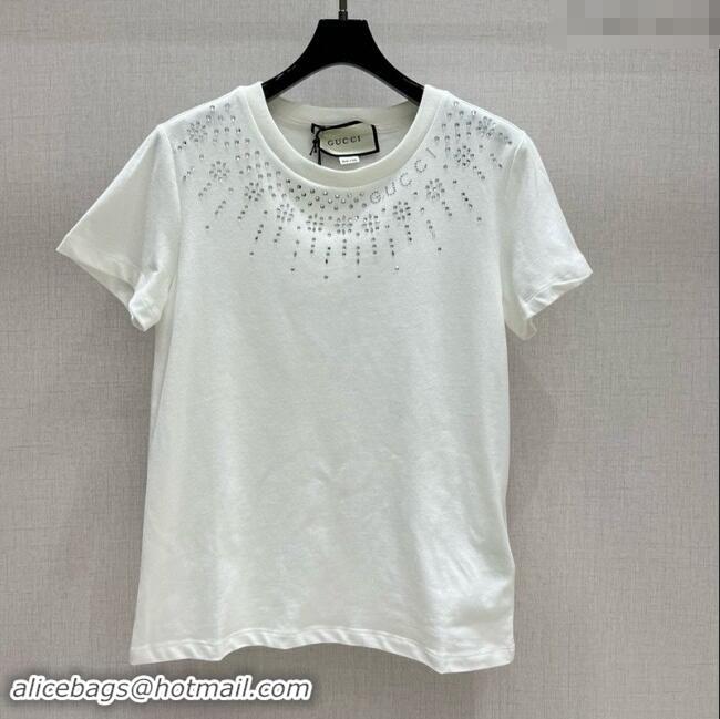 Grade Quality Gucci Cotton T-Shirt with Strass 1203 White 2024