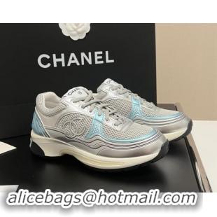 Top Grade Chanel Mesh & Calfskin Sneakers G39792 Silver/Blue 120126