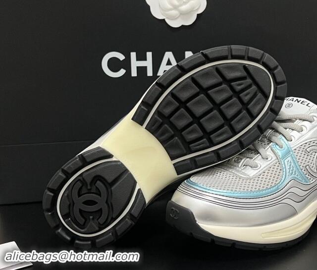 Top Grade Chanel Mesh & Calfskin Sneakers G39792 Silver/Blue 120126