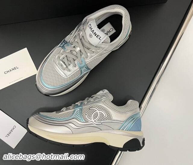 Top Grade Chanel Mesh & Calfskin Sneakers G39792 Silver/Blue 120126