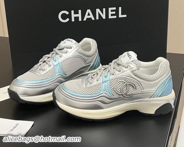 Top Grade Chanel Mesh & Calfskin Sneakers G39792 Silver/Blue 120126