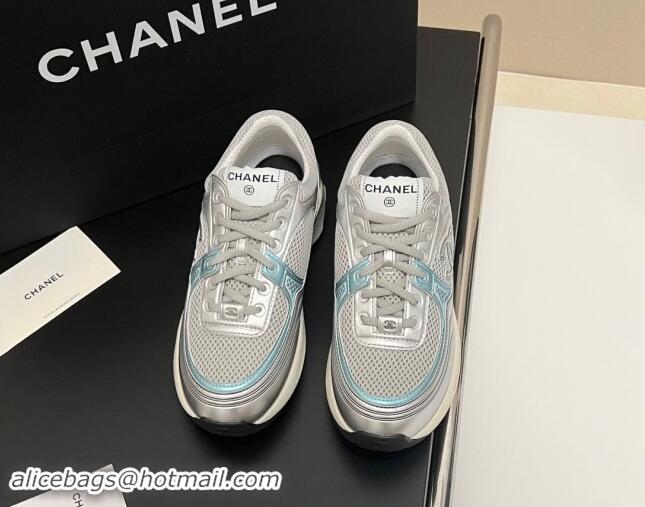 Top Grade Chanel Mesh & Calfskin Sneakers G39792 Silver/Blue 120126