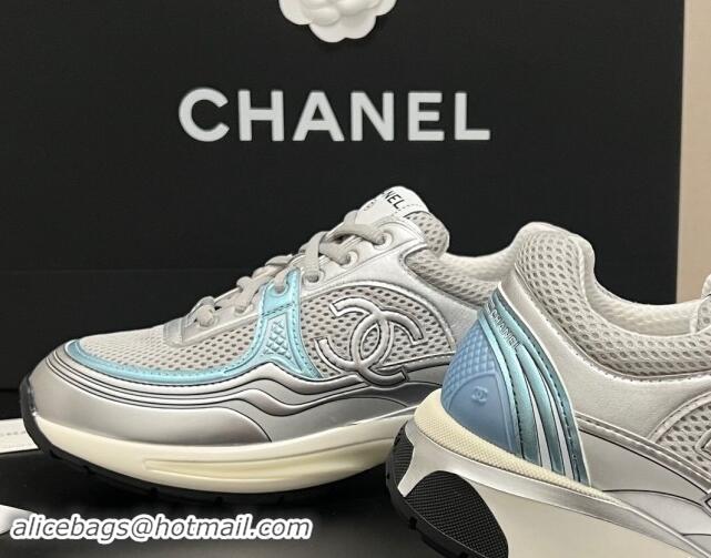 Top Grade Chanel Mesh & Calfskin Sneakers G39792 Silver/Blue 120126