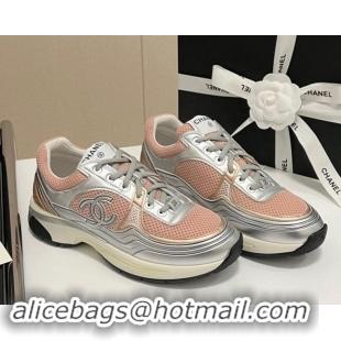 Popular Style Chanel Mesh & Calfskin Sneakers G39792 Silver/Pink 120130