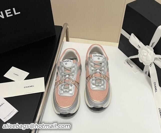 Popular Style Chanel Mesh & Calfskin Sneakers G39792 Silver/Pink 120130