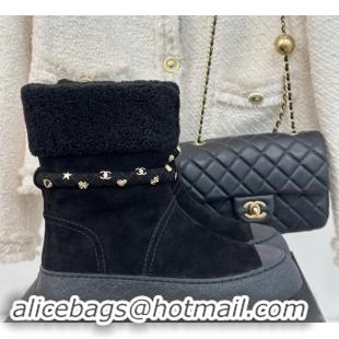 Unique Style Chanel Suede & Shearling Snow Boots with Charm Strap Black 1120141