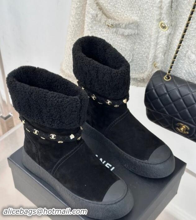 Unique Style Chanel Suede & Shearling Snow Boots with Charm Strap Black 1120141