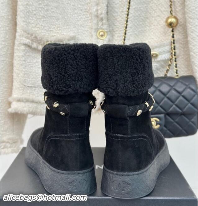 Unique Style Chanel Suede & Shearling Snow Boots with Charm Strap Black 1120141