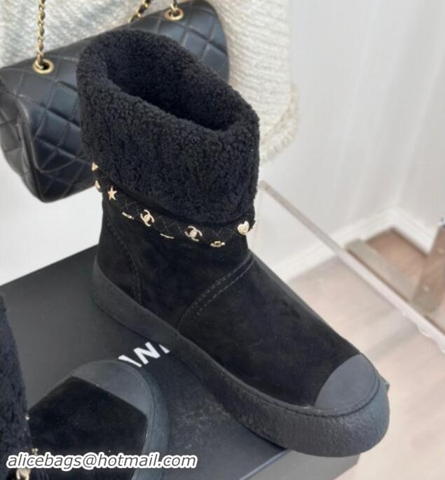 Unique Style Chanel Suede & Shearling Snow Boots with Charm Strap Black 1120141