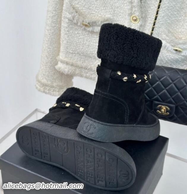 Unique Style Chanel Suede & Shearling Snow Boots with Charm Strap Black 1120141