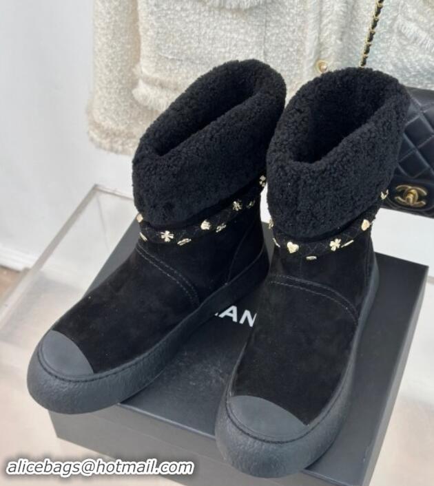 Unique Style Chanel Suede & Shearling Snow Boots with Charm Strap Black 1120141