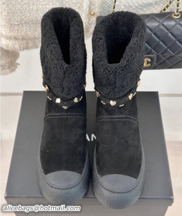 Unique Style Chanel Suede & Shearling Snow Boots with Charm Strap Black 1120141