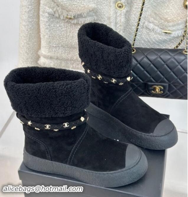 Unique Style Chanel Suede & Shearling Snow Boots with Charm Strap Black 1120141