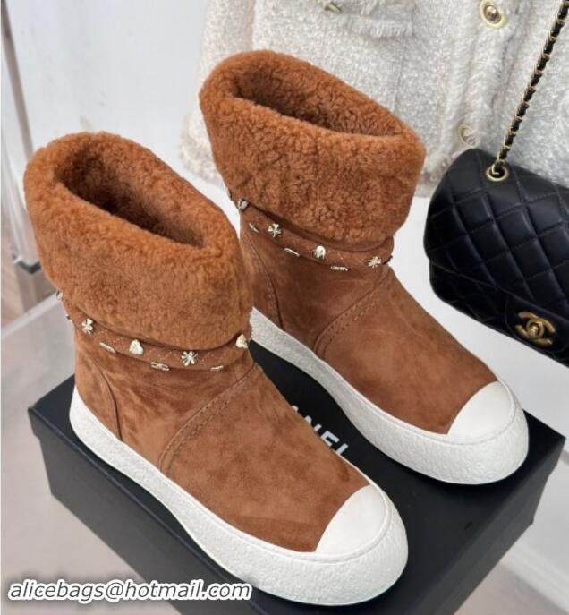 Purchase Chanel Suede & Shearling Snow Boots with Charm Strap Brown 1120142