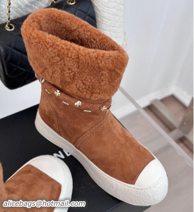 Purchase Chanel Suede & Shearling Snow Boots with Charm Strap Brown 1120142