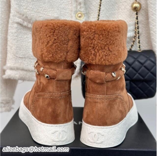 Purchase Chanel Suede & Shearling Snow Boots with Charm Strap Brown 1120142