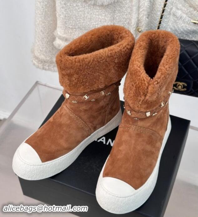 Purchase Chanel Suede & Shearling Snow Boots with Charm Strap Brown 1120142