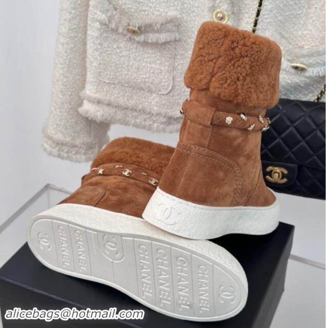 Purchase Chanel Suede & Shearling Snow Boots with Charm Strap Brown 1120142