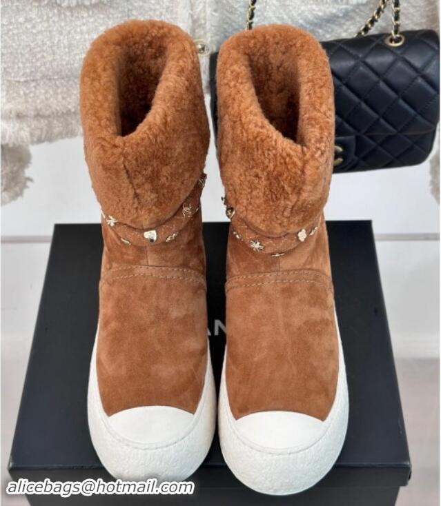 Purchase Chanel Suede & Shearling Snow Boots with Charm Strap Brown 1120142