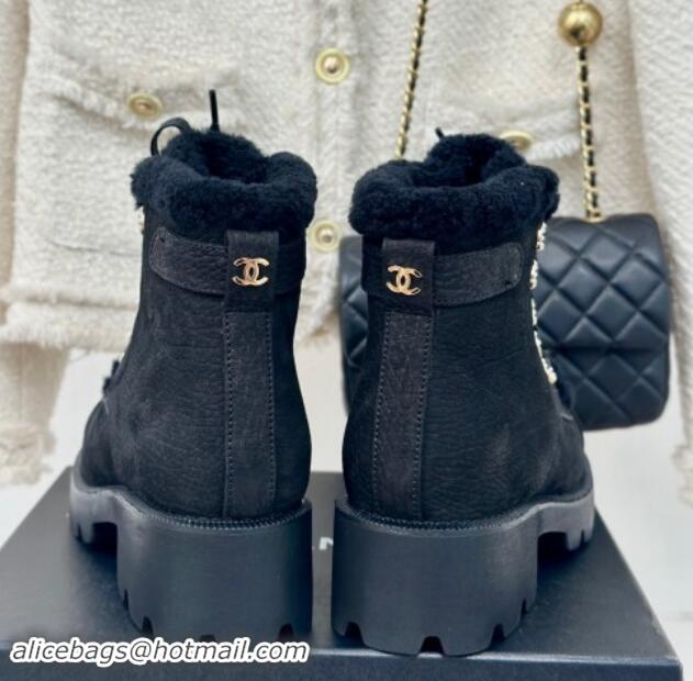 Classic Hot Chanel Calfskin & Wool Laced-up Ankle Boots Black 1120143