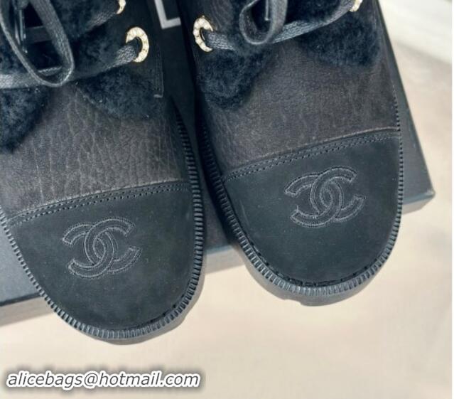 Classic Hot Chanel Calfskin & Wool Laced-up Ankle Boots Black 1120143