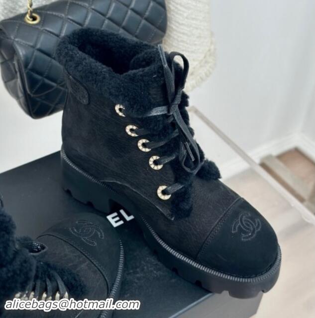 Classic Hot Chanel Calfskin & Wool Laced-up Ankle Boots Black 1120143