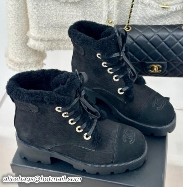 Classic Hot Chanel Calfskin & Wool Laced-up Ankle Boots Black 1120143