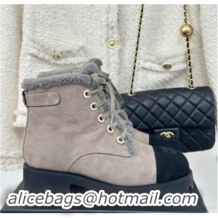 Good Quality Chanel Calfskin & Wool Laced-up Ankle Boots Grey 1120144