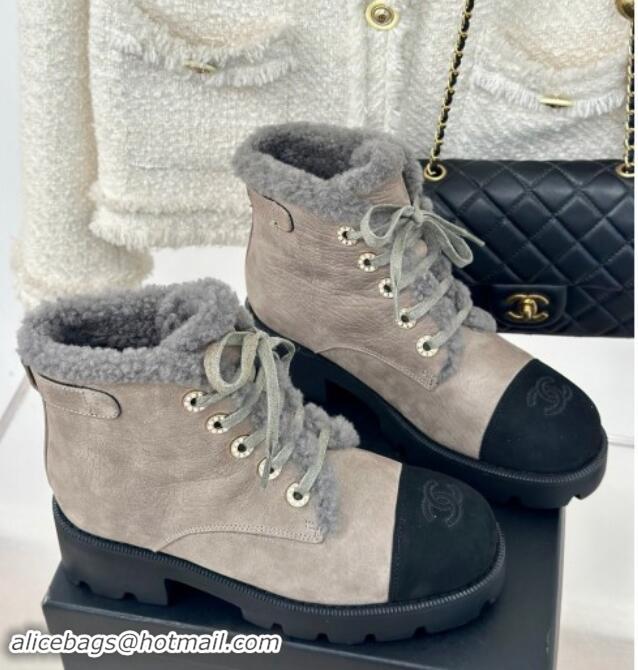 Good Quality Chanel Calfskin & Wool Laced-up Ankle Boots Grey 1120144