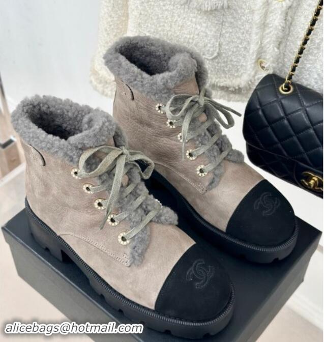 Good Quality Chanel Calfskin & Wool Laced-up Ankle Boots Grey 1120144