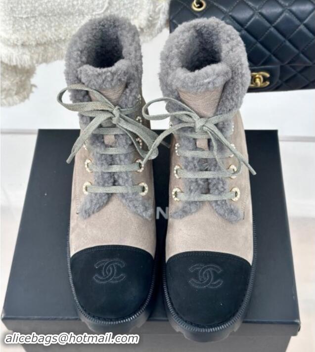 Good Quality Chanel Calfskin & Wool Laced-up Ankle Boots Grey 1120144