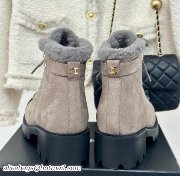 Good Quality Chanel Calfskin & Wool Laced-up Ankle Boots Grey 1120144