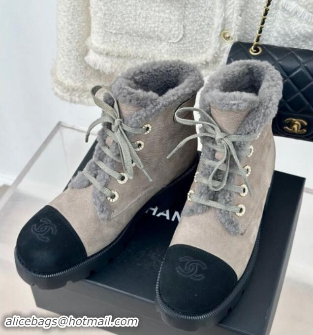 Good Quality Chanel Calfskin & Wool Laced-up Ankle Boots Grey 1120144